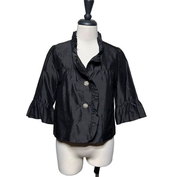 Molly B Black Ruffled Cropped Silk Jacket Size 2 Rhinestone Buttons - Picture 1 of 6